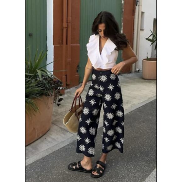 ZARA Pants Small‎ Linen Blend Culotte Embroidered Wide Leg Cropped Boho Trousers - Picture 1 of 15